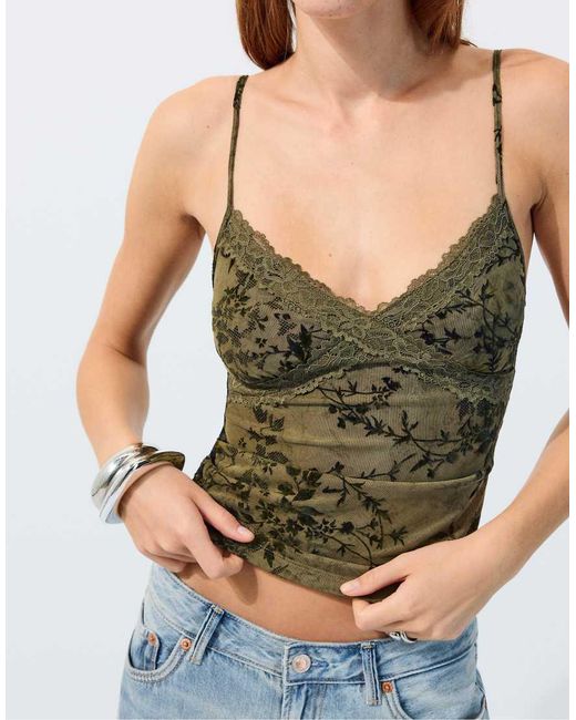 Stradivarius Blue Felted Lace Fitted Top