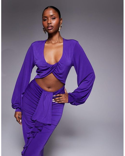 Ruched & Ready Purple Entered The Chat Balloon Sleeve Cut Out Detail Draped Waist Maxi Dress