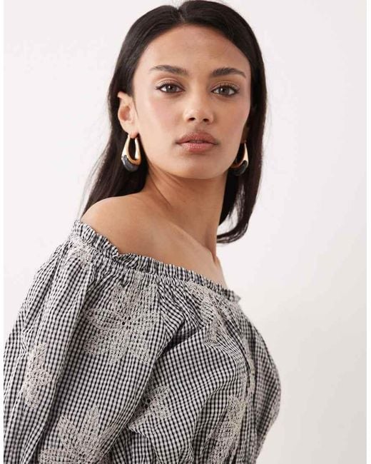 Y.A.S Gray Floral Embroidered Milkmaid Style Crop Top Co-ord