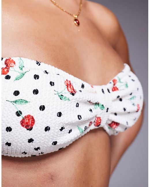 River Island White Cherry Print Crinkle Bandeau Bikini Top