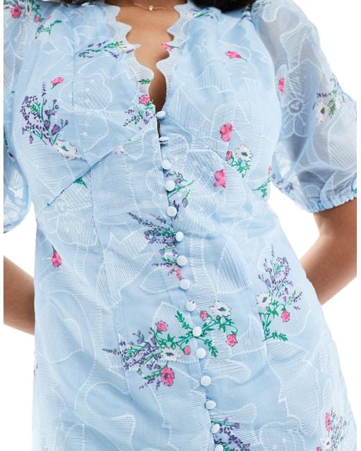 Y.A.S Blue Embroidered Organza Button Through Mini Dress