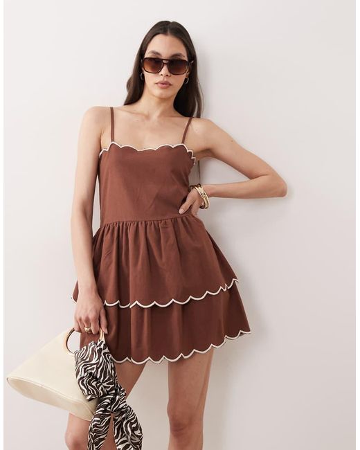 esmé studios Brown Esmee Mini Beach Dress With Cream Scallop Trim