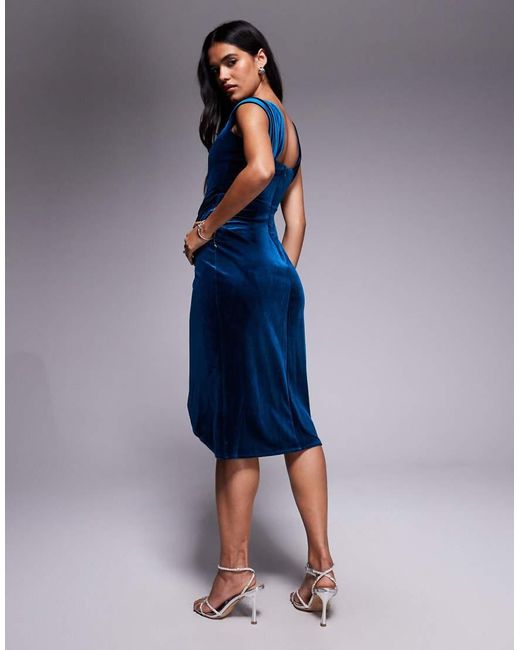 Goddiva Blue Draped Shoulder Velvet Corset Midi Dress