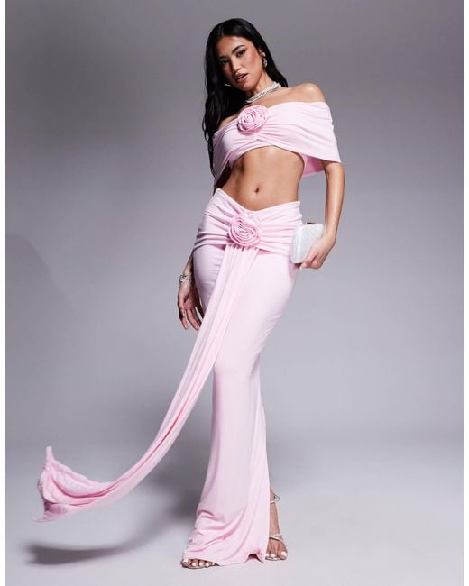 Wanderdoll Pink Belle Ruched Bardot Top And Maxi Skirt Set With Corsage Drape Detail