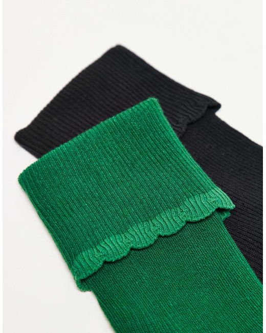 Monki Green 2 Pack Ankle Socks With Scallop Frill