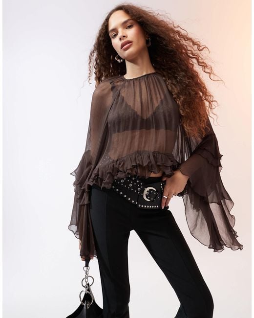 Mango Brown Ruffle Hem Blouse