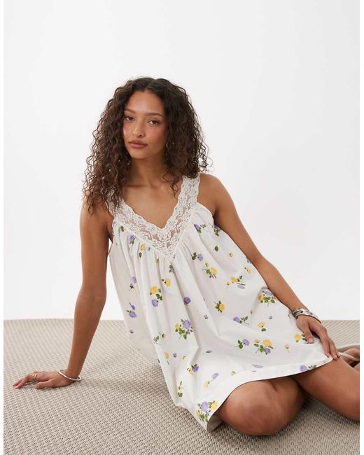 ASOS White V Neck Smock Poplin Mini Sundress With Lace Overlay