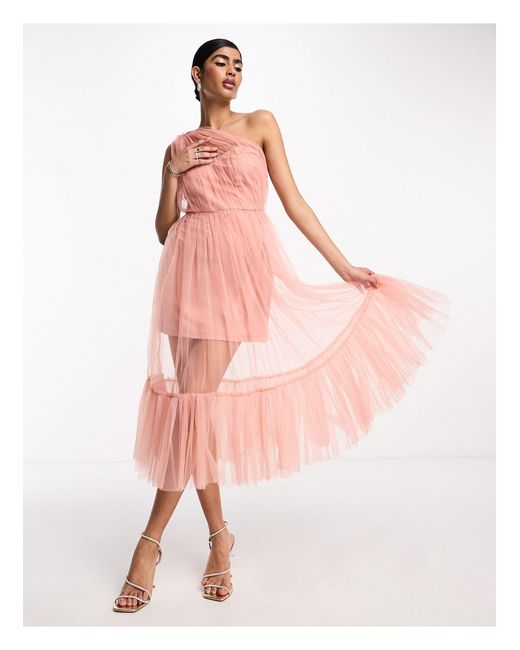 LACE & BEADS Pink – bridesmaid – transparentes maxi-brautjungfernkleid aus zart tüll mit one-shoulder-träger