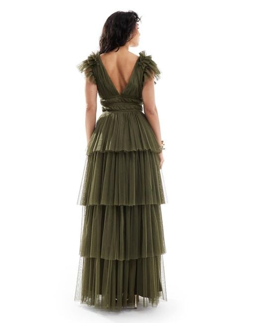 LACE & BEADS Green Bridesmaid Ruffle Tiered Tulle Maxi Dress