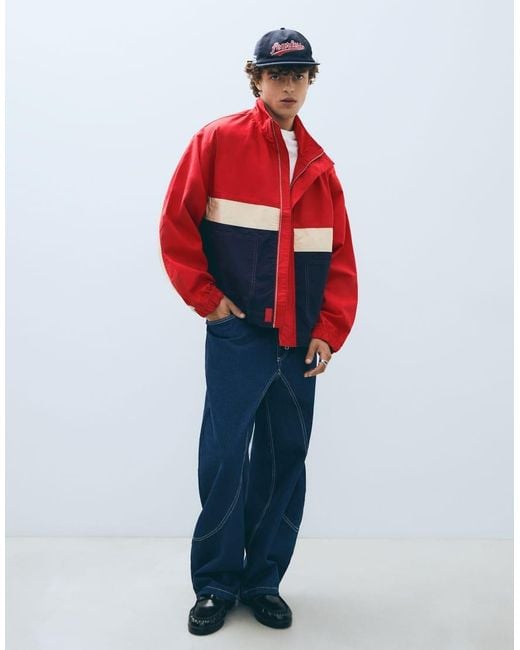 Bershka Red Zip-Up Windbreaker for men