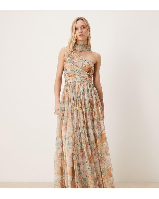 LACE & BEADS Natural One Shoulder Scarf Neck Maxi Dress