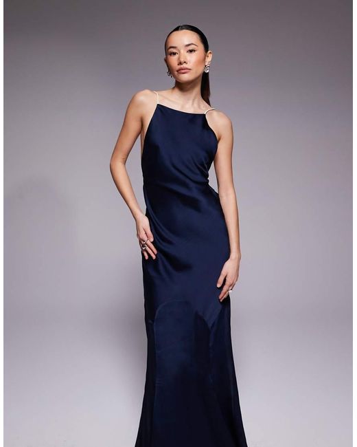 ASOS Blue Asos Design Petite High Neck Satin Bias Fishtail Maxi Dress