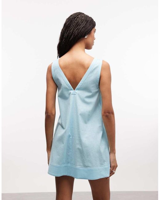ASOS Blue Cotton Linen V Neck Smock Mini Dress