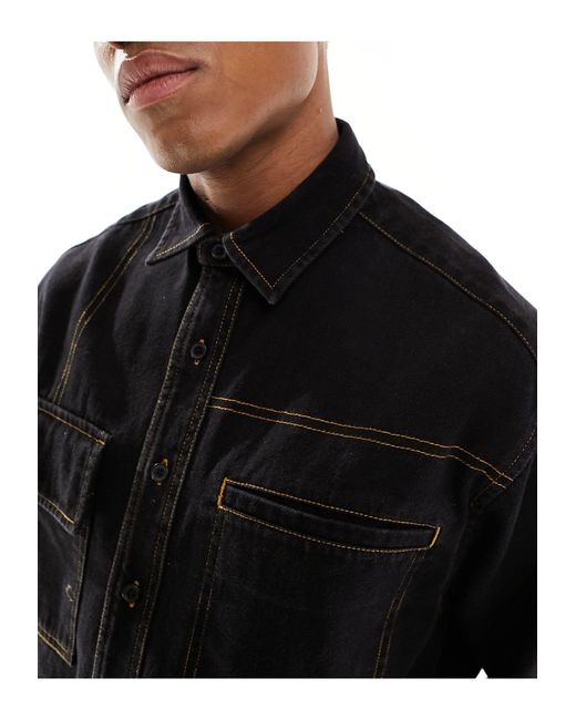 ASOS Black Boxy Oversized Revere Shirt With Contrast Stitch for men