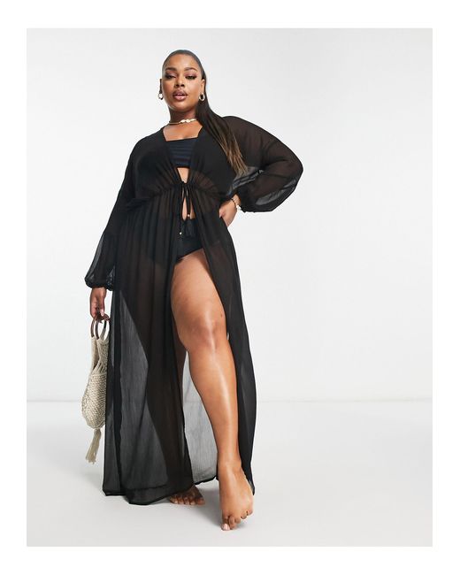 South Beach Black Exclusive Long Sleeve Maxi Beach Kimono