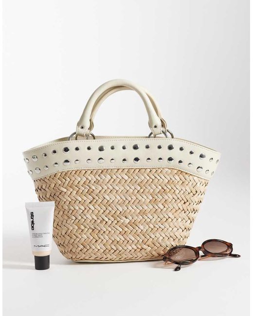 Mango Metallic Woven Handbag With Faux Leather Studded Trim