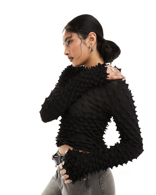 Weekday Black Chara Hooded Long Sleeve Top With Pleated Spikes