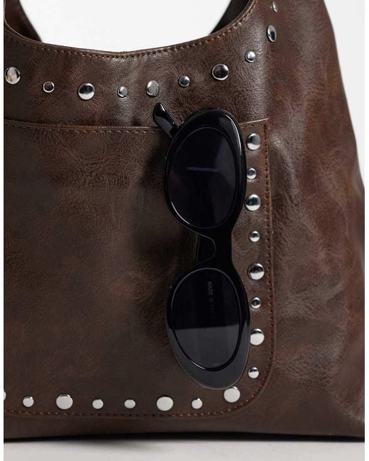 Kaiia Brown Exclusive Faux Leather Silver Studded Pocket Detail Shoulder Bag