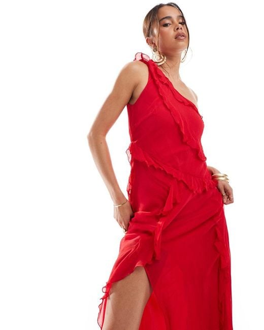 Vestido Midi Asimétrico Con Detalles Desflecados De Mango de color Red