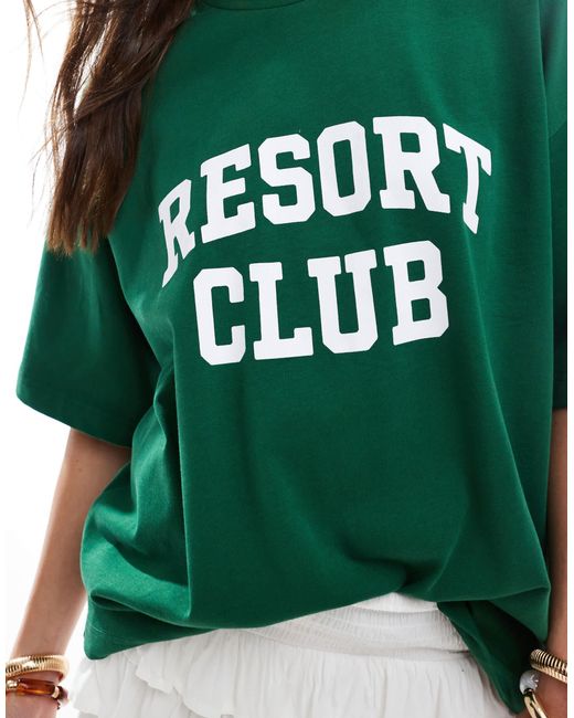4th & Reckless Green Cotton Resort Club Printed Graphic Oversized T-shirt