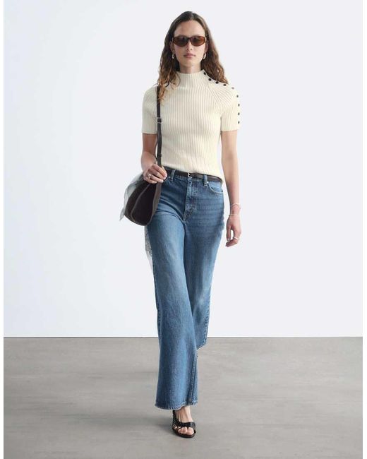 & Other Stories Blue Cotton-blend Short Sleeve Knitted Top With Shoulder Button Detail