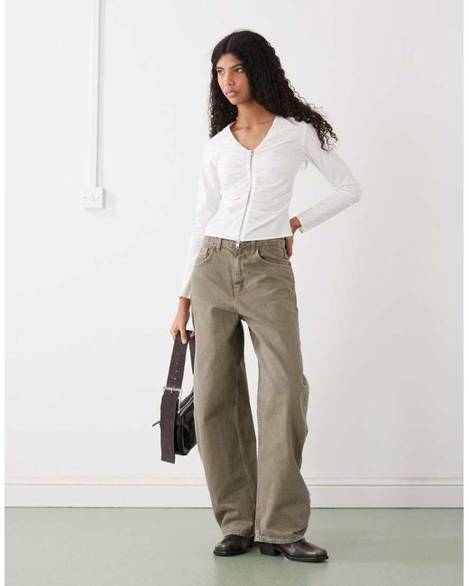 Weekday White Long Sleeve Zip Blouse With Gathered Detail
