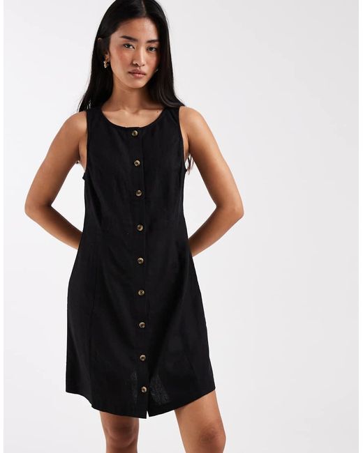 New Look Black Linen Blend Button Through Mini Dress