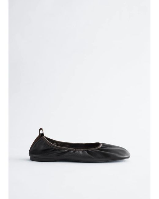 & Other Stories Black Leather Ruched Ballet Flats