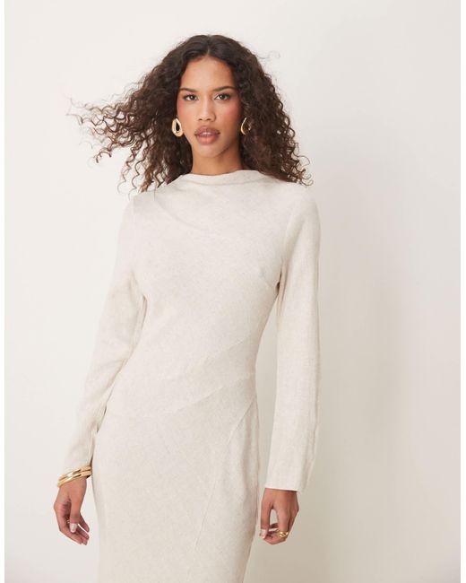 Robe longue en lin à col montant et surpiqûres - grège ASOS en coloris Natural