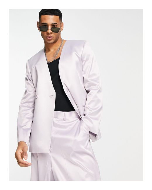 ASOS Skinny Collarless Longline Satin Suit Jacket in Purple for Men