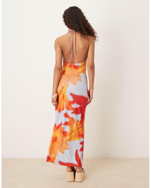 ASOS White Mesh Super Plunge Cowl Halter Dress With Blown Up Hibiscous Print