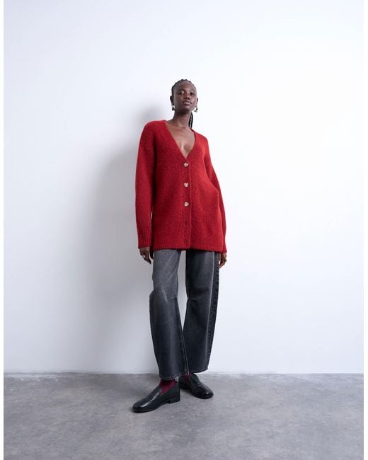 TOPSHOP Red Knit Longline Easy Cardigan
