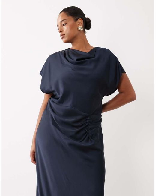 Forever New Blue Satin High Cowl Neck Tuck Side Detail Bias Maxi Dress