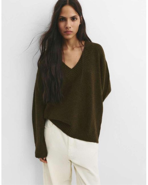 Pull&Bear Green Knitted V-Neck Jumper