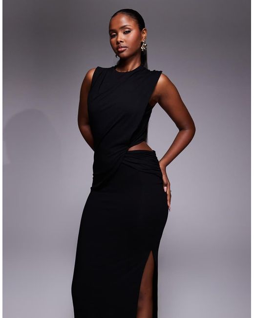 ASOS Blue High Neck Drape Detail Midi Dress With Cutout Waist