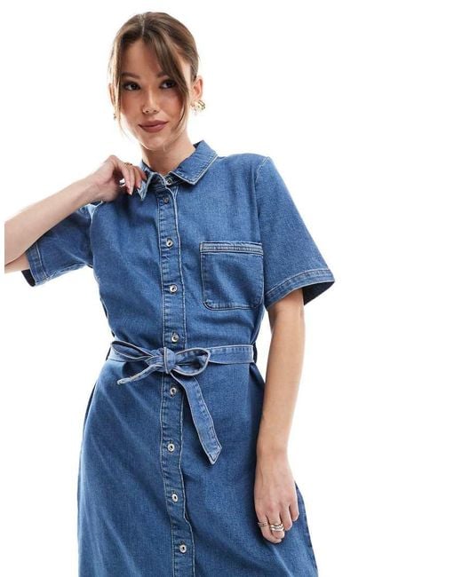 ONLY Blue Tie Waist Denim Midi Dress