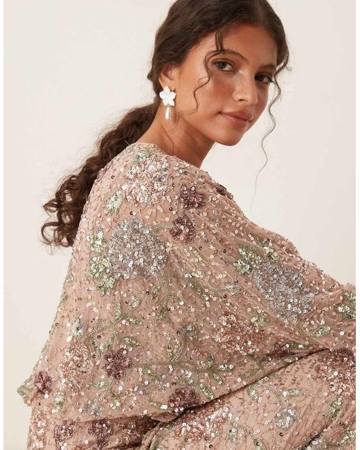 Maya Natural Embellished Round Neck Long Sleeve Maxi Dress