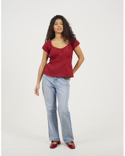 Brave Soul Red Woven Short Sleeve Button Down V-Neck Top