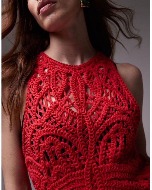 TOPSHOP Red Knitted Premium Crochet Maxi Dress