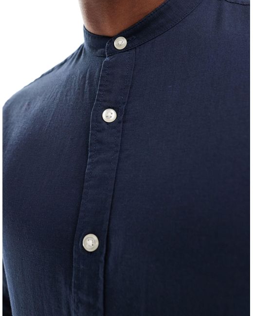 Jack & Jones Blue Linen Shirt With Grandad Neck for men