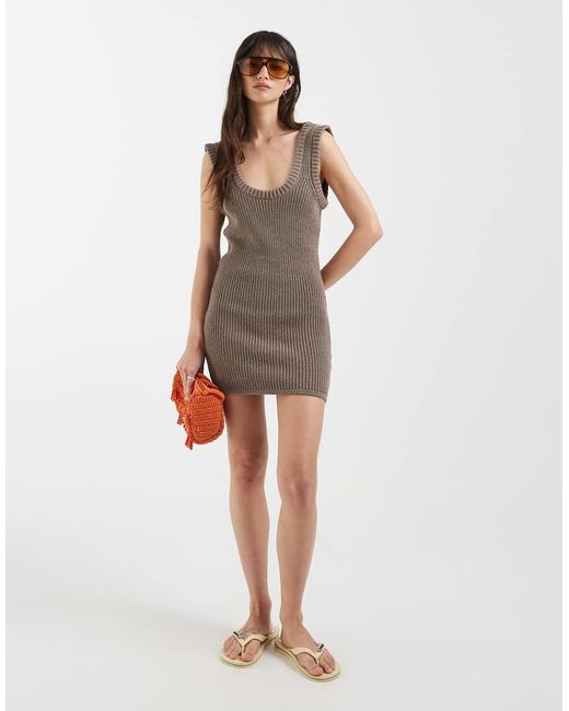 ASOS Brown Knitted Cotton Boucle Dress With Sculpted Ribs