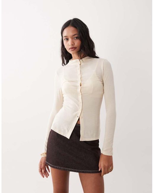 Gina Tricot Natural Slim Fit Button Down Funnel Neck Top