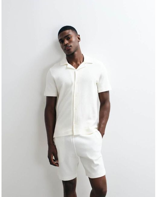 Mango White Waffle Textured Short Sleeve Shirt for men