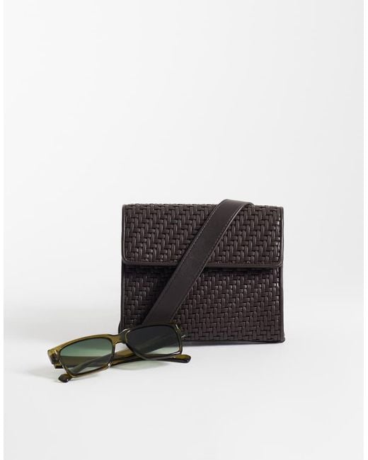 Mango Black Faux Leather Braided Textured Cross Body Bag for men