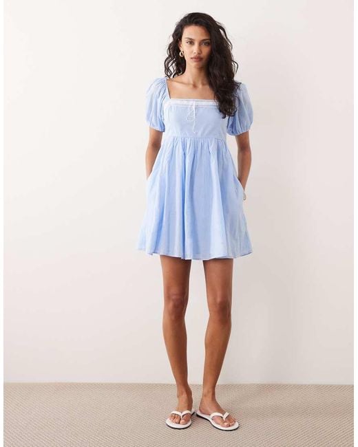 Abercrombie & Fitch Blue Square Neck Puff Sleeve Milkmaid Mini Dress