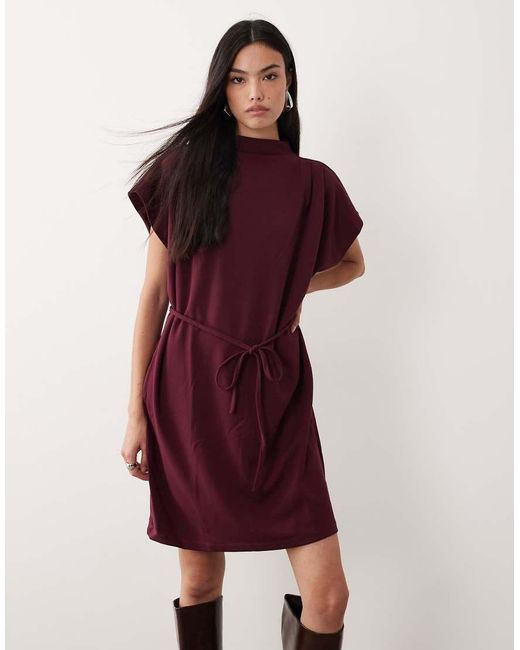 Vila Red High Neck Tie Waist Mini Dress