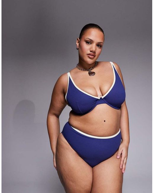 ASOS Blue Asos Design Curve Ronnie Ribbed Contrast Binding Marina Del Rey High Apex Plunge Underwire Bikini Top