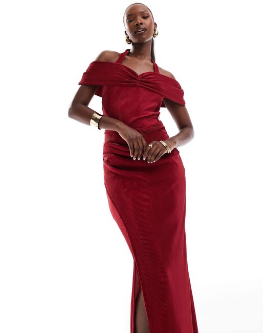 ASOS Red Plisse Bardot Midi Dress With Halter Strap Detail