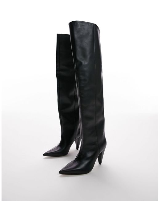 TOPSHOP Black Tabitha Premium Leather Cone Heel Knee High Boot