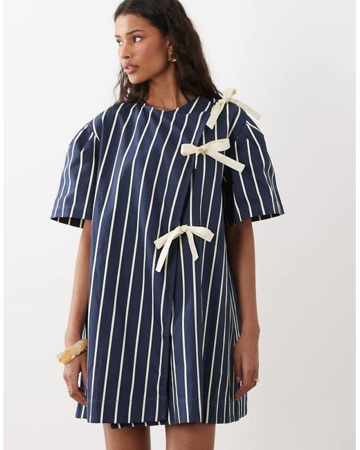 Ghospell Blue Triple Bow Short Sleeve Mini Dress
